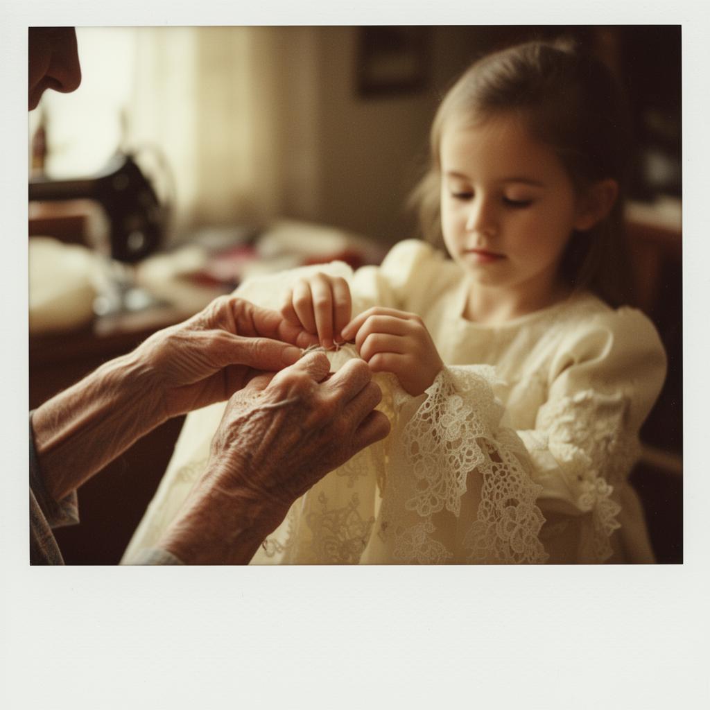 Grandmother teaching a young girl to hand-stitch lace